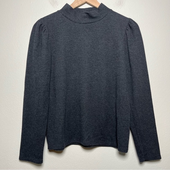 Madewell Women Sweatshirt‎ Medium Gray Plush Mockneck Puff-Sleeve Top - Picture 1 of 8